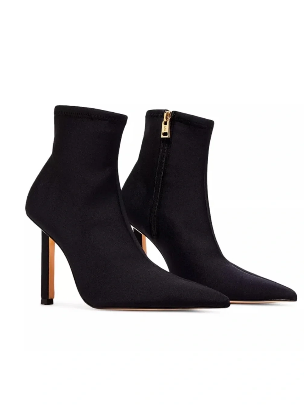 Good American Black Pointed Sock Ankle Boots with Gold Side Zip Pull